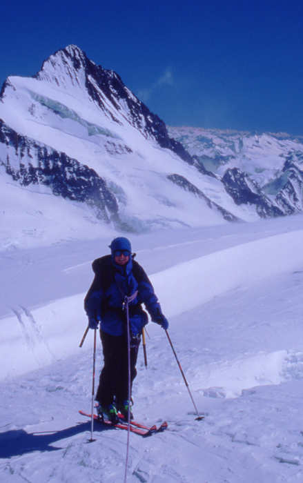 The highest peak of the Bernese Oberland... the Finsteraarhorn from the Fiescherhorn