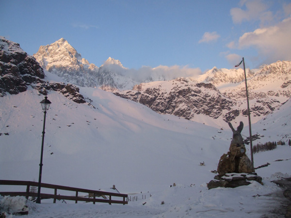 Monte Viso at sunrise from Pian Melze at the head of the Po river valley. 