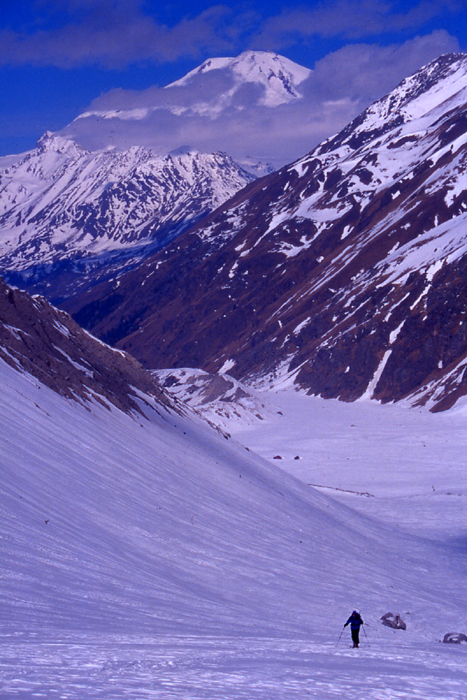 Looking back to Elbrus from the ascent towards Gumachi, 3805m, AdylSu valley, Russian Caucasus