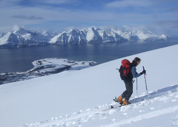 Skinning up towards the summit of Sotrohauge, looking out over the Lyngen Fjord.