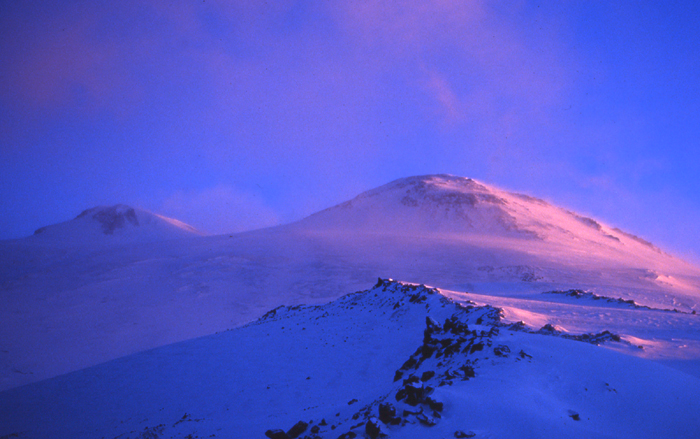 Elbrus at sunrise from the huts at 4100m.
