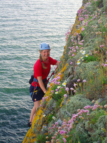 Climbing through the flowers at Fox Craig, Meikle Ross. 