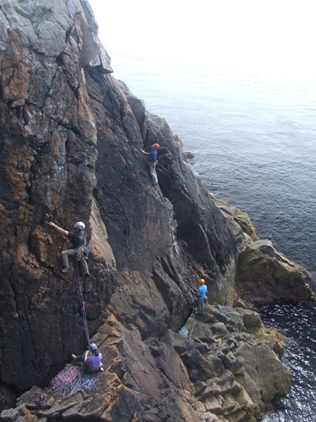 A busy Sunday on the Lighthouse Walls at Crammag Head, the climbers are on Firefly HVS 5a and Marine Boy VS 4c.