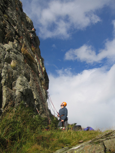 Linda Biggar leading Hoar Cleft, Craighoar, Queensberry.