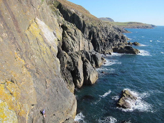 Climbing at Laggantalluch Head, Rhins of Galloway. 