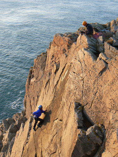 Sally Bennett on the crux moves of the very pleasant Razamatazz, HVS, Crammag Head, Mull of Galloway. 