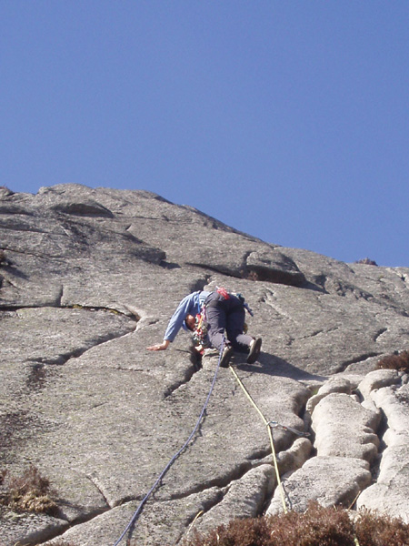 Linda Biggar starting the long crux cracks of The Scrieve, VS 4c ***