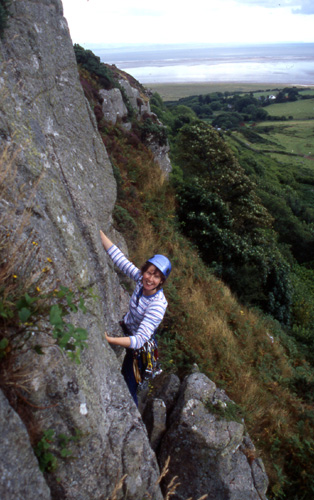Just above the crux on Twin Cracks, looking out over the Solway Firth