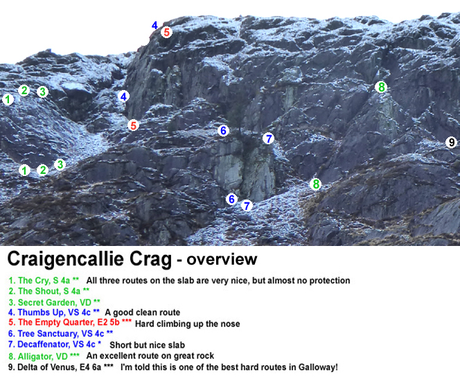 Rock climbing routes at Craigencallie, Dumfries & Galloway