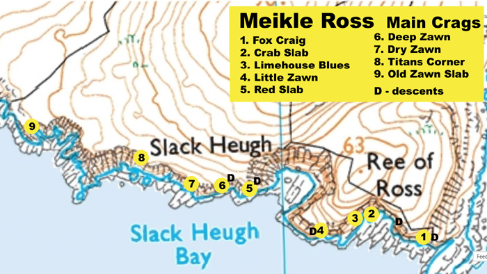 Map of the climbing areas at Meikle Ross. 