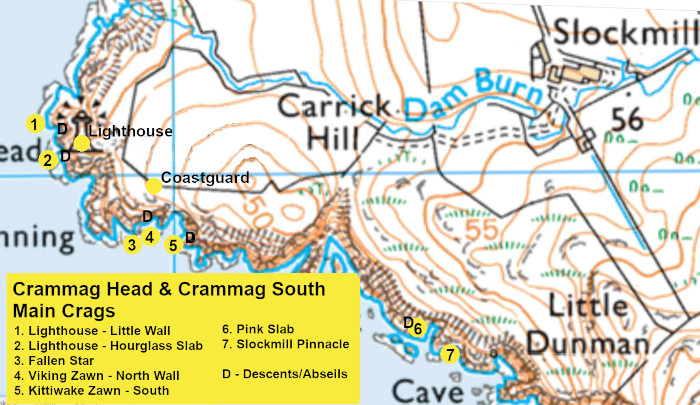 Crammag Head Climbing areas map.