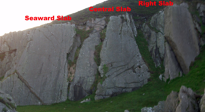 A nice looking HVS takes the thin finger crack on the left side of the seaward slab. Bold E6's, Galloways hardest routes, take the centre of the Seaward and Right Slabs. The Central slab has several good E1's and the big corner on the Right Slab is a Hard Severe.