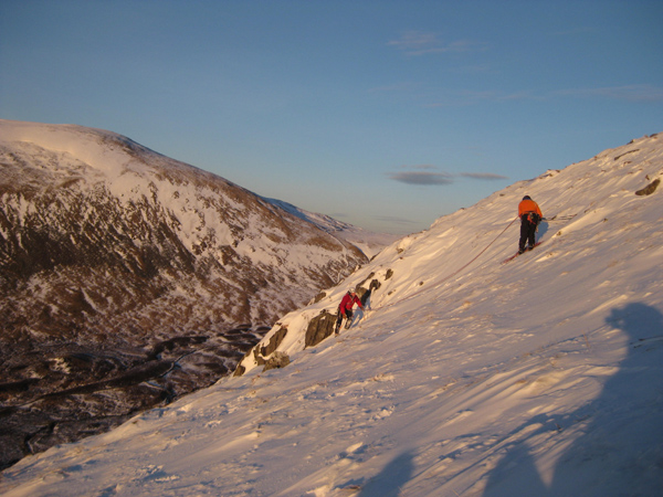 Topping out on a route at the left hand end of the Merrick, March 2010.