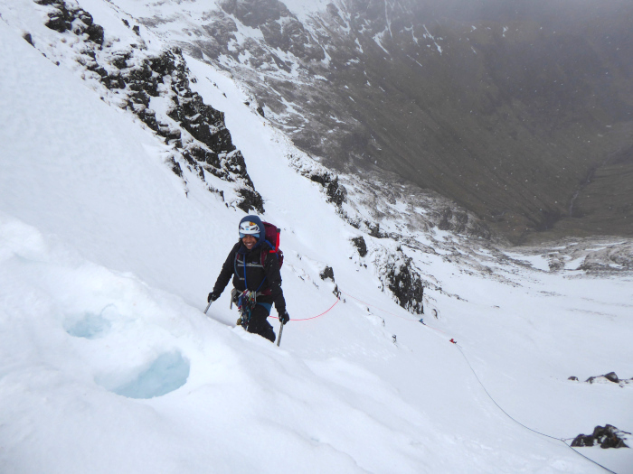 Climbing the last wee steep bit on the headwall of the Lost valley, Stob Coire Sgreamhaich, Glencoe. 