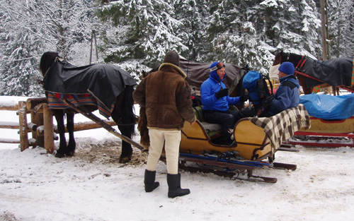 Ski mountaineering in Poland using a horse drawn sledge for access.