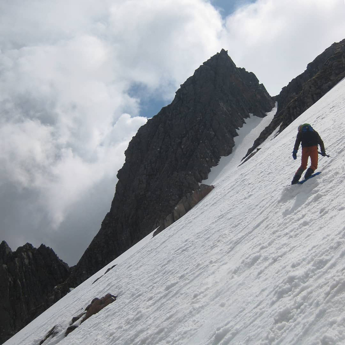  Myself making a snowboard descent of the northern bowls on Carn Mor Dearg, Lochaber.