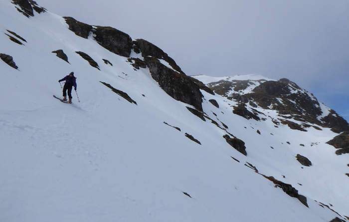 Steep skiin gon the southeast side of An Caisteal. 
