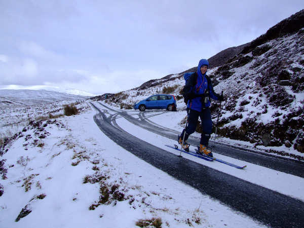 Skiing from the car along the Ben Lawers road, heading for Meall Corranaich and Ben Lawers.