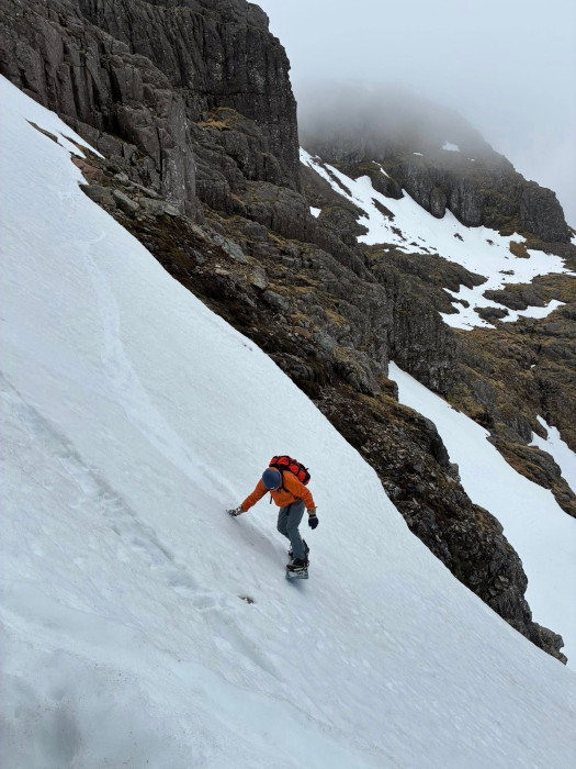 Steep snowboarding on the slopes of Bidean nam Bian, May 2026