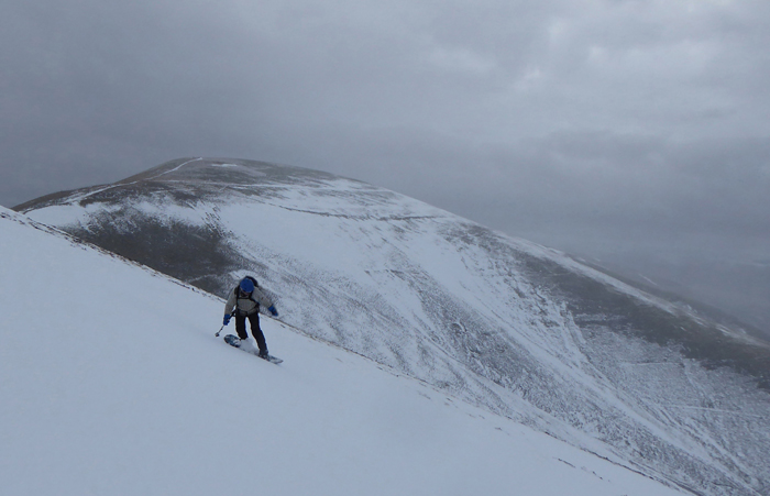 Descending teh southwest steepest side of Lowther on a board, February 2021.   1.