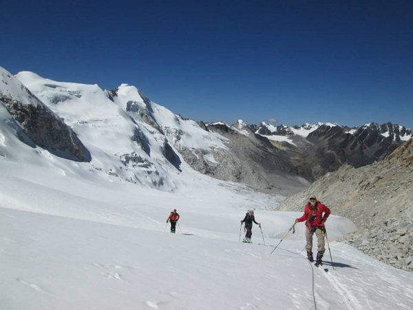 Skinning up Jishka Pata, in the Khara Khota valley. The peak at the back left, Janco Huyo, also makes a fine ski ascent.