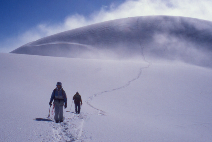 Walking across the summit plateau on Chimborazo. 
