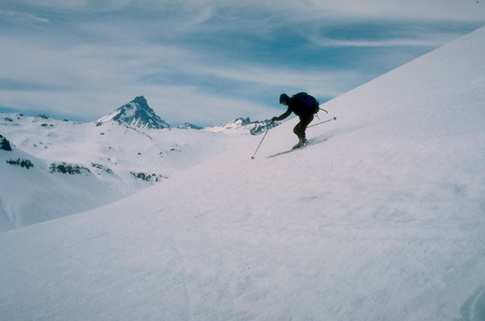 Skiing near the peak of Campanario. 