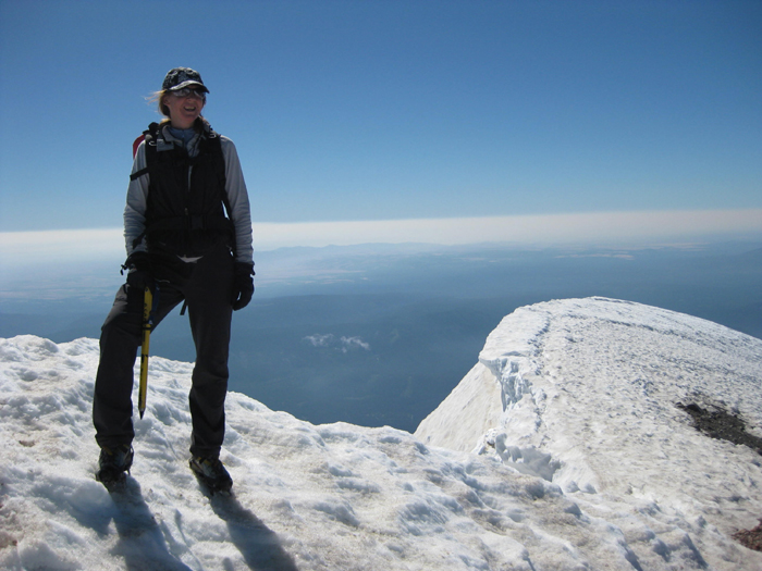 On the summit of Mt. Hood, a late season ascent with icy conditions high up.