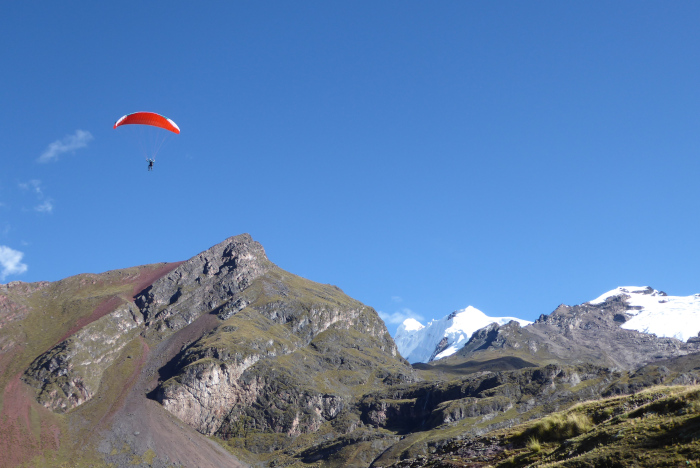 Flying past Maripoas and Ausangate, Andes Peru Ski Explorer expedition. 